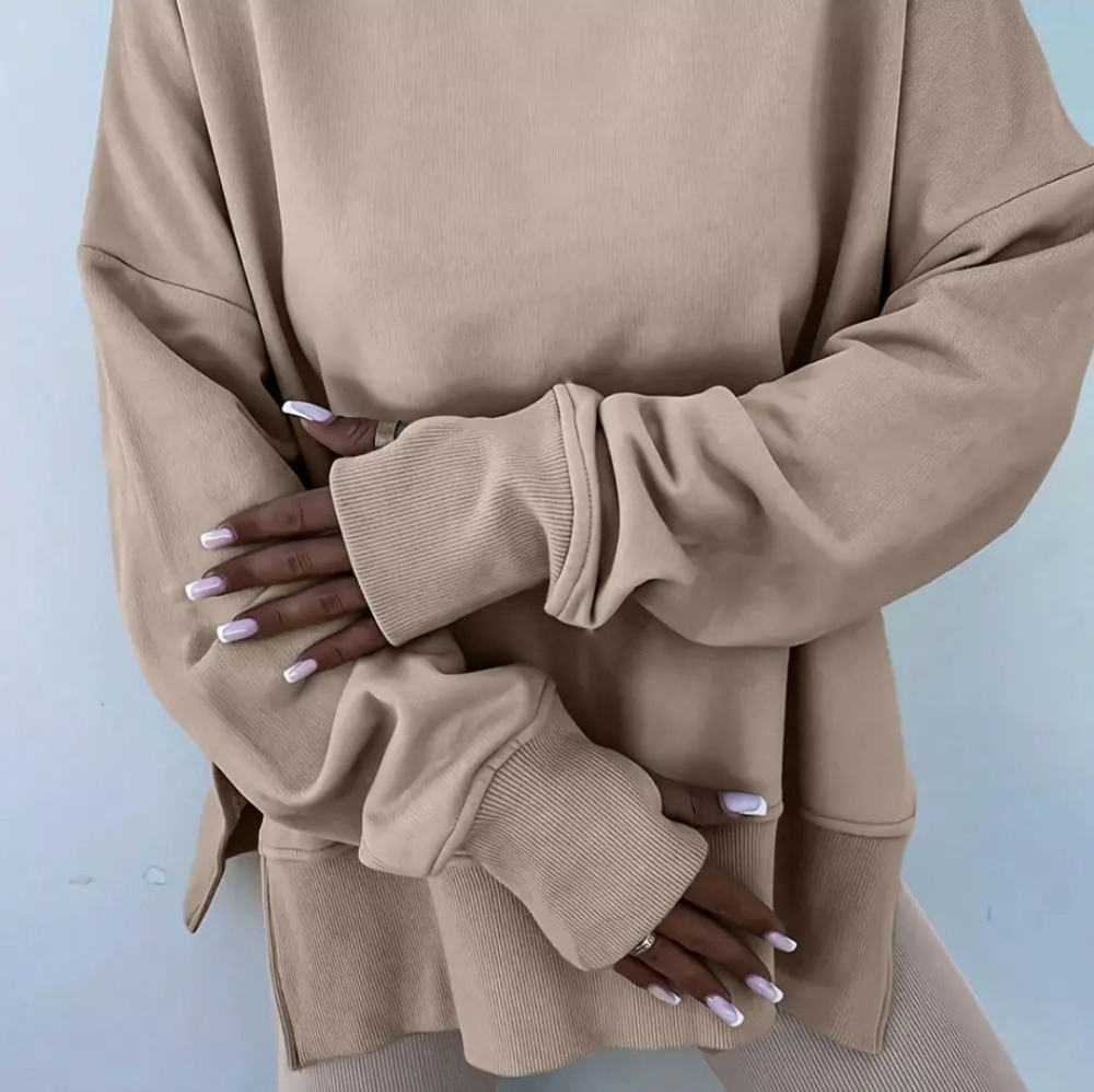 Solid Oversize Slit Sweatshirt with Ribbed Leggings Set - Picture 3 of 4